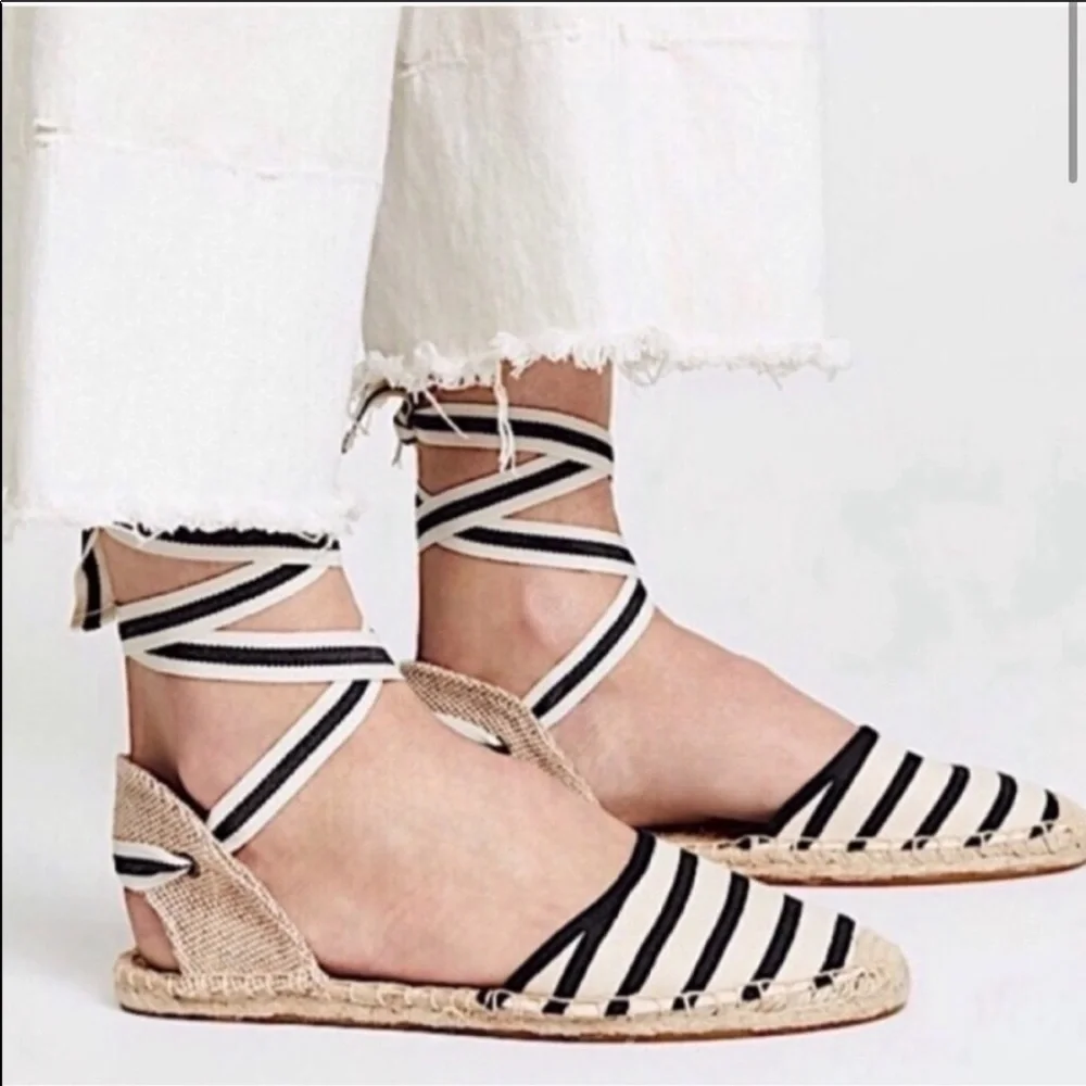 Soludos Black and Natural Striped Lace-Up Espadrilles